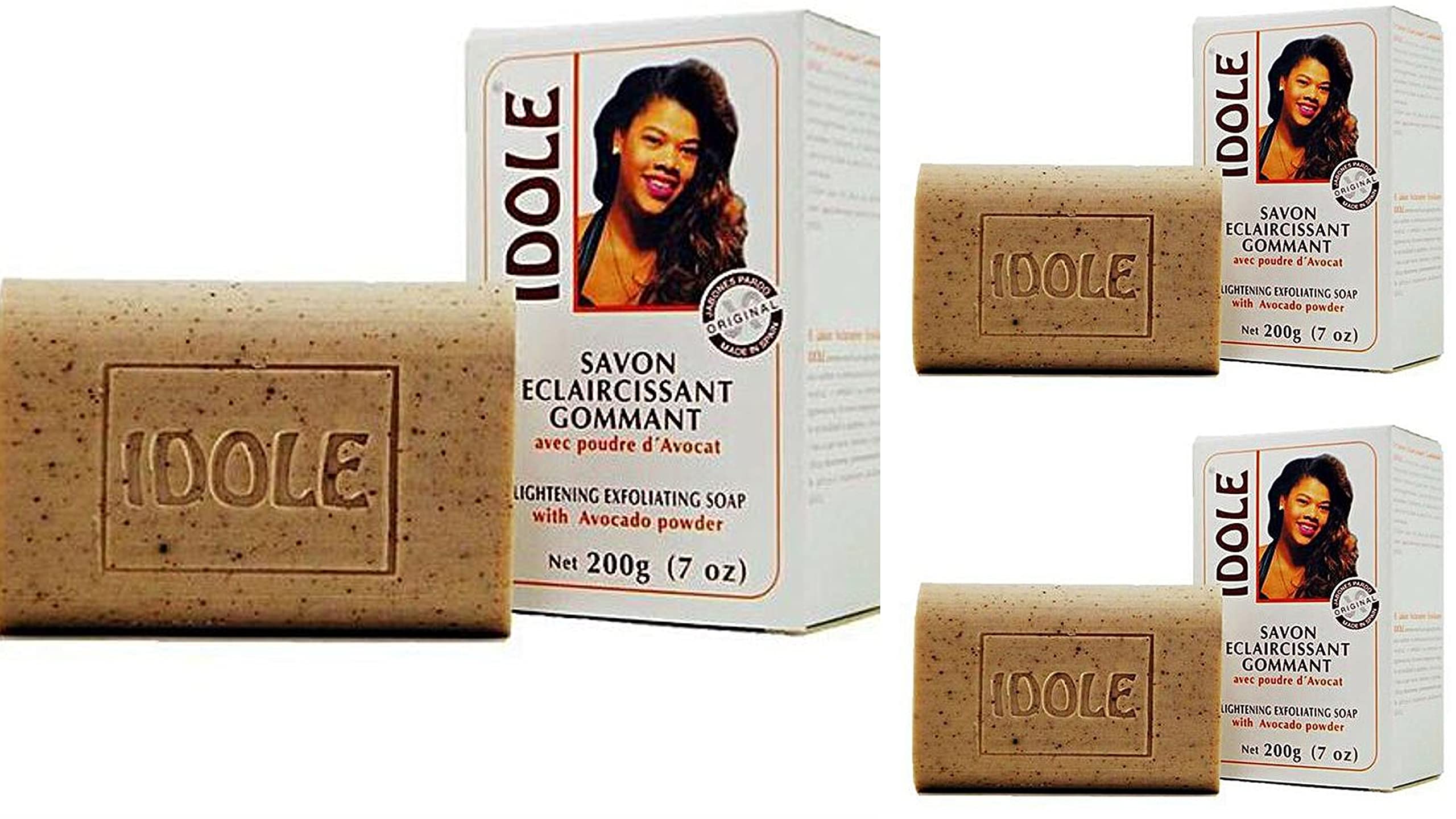 Idole Brightening Exfoliating Soap avocado seed bar close-up with creamy lather for brighter skin.