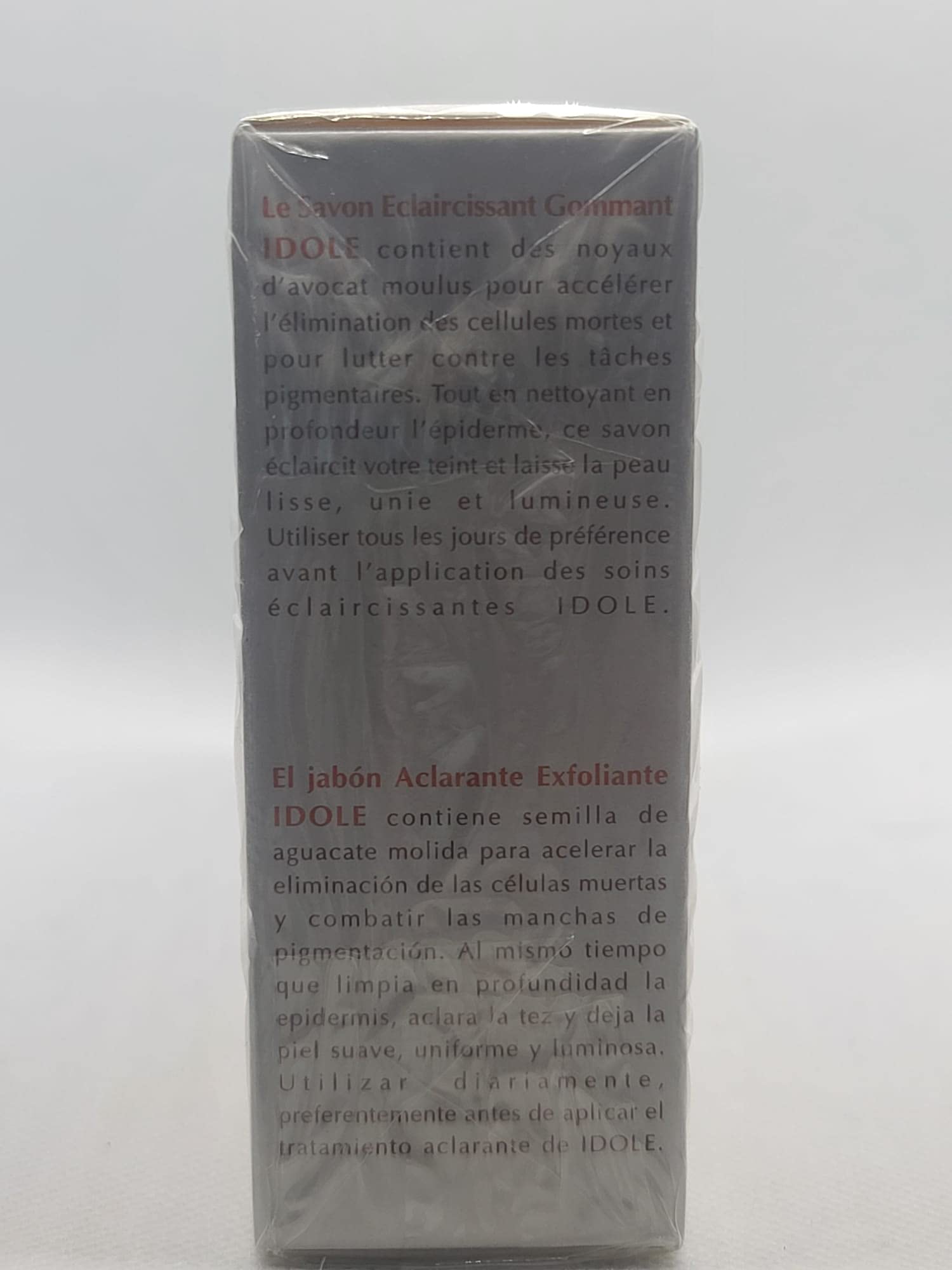 Idole pack on shelf showing multi-bar display of avocado seed exfoliating soap.
