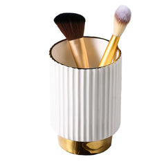 IEEK makeup brush holder striped white gold front view for chic vanity storage