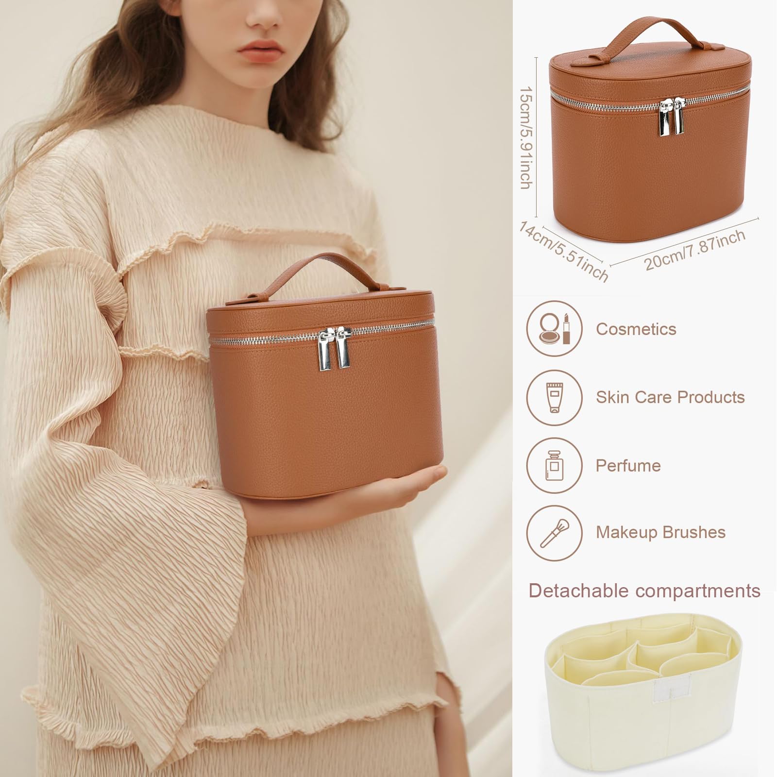 IEMIEBOAMGNOY leather makeup bag detachable-divider allows customizable packing for palettes and brushes