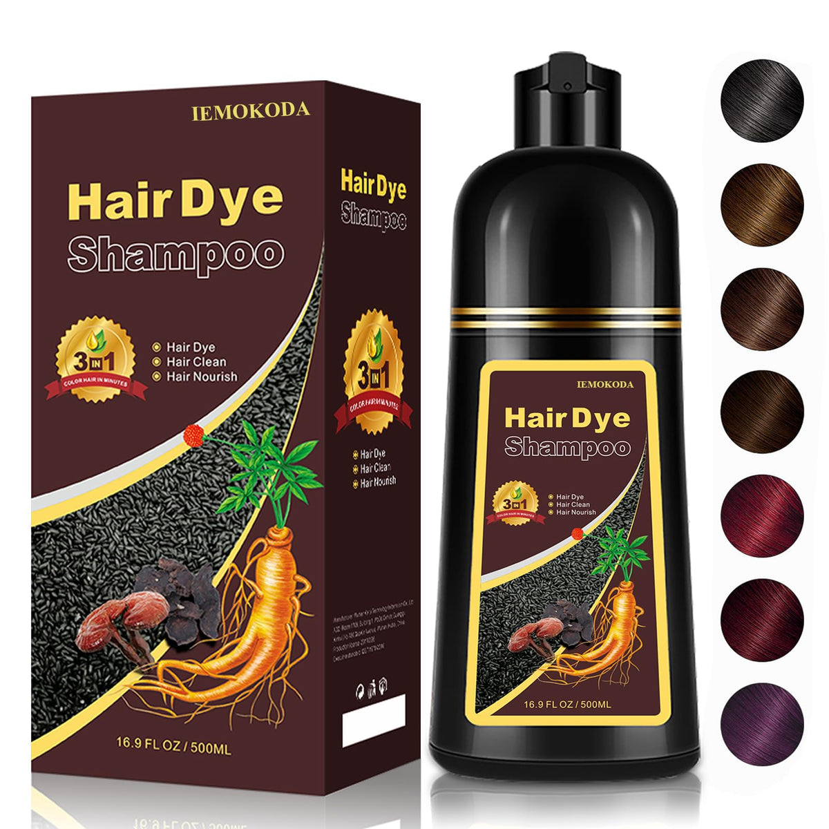iemokoda dark brown hair dye shampoo bottle showing easy at-home color application