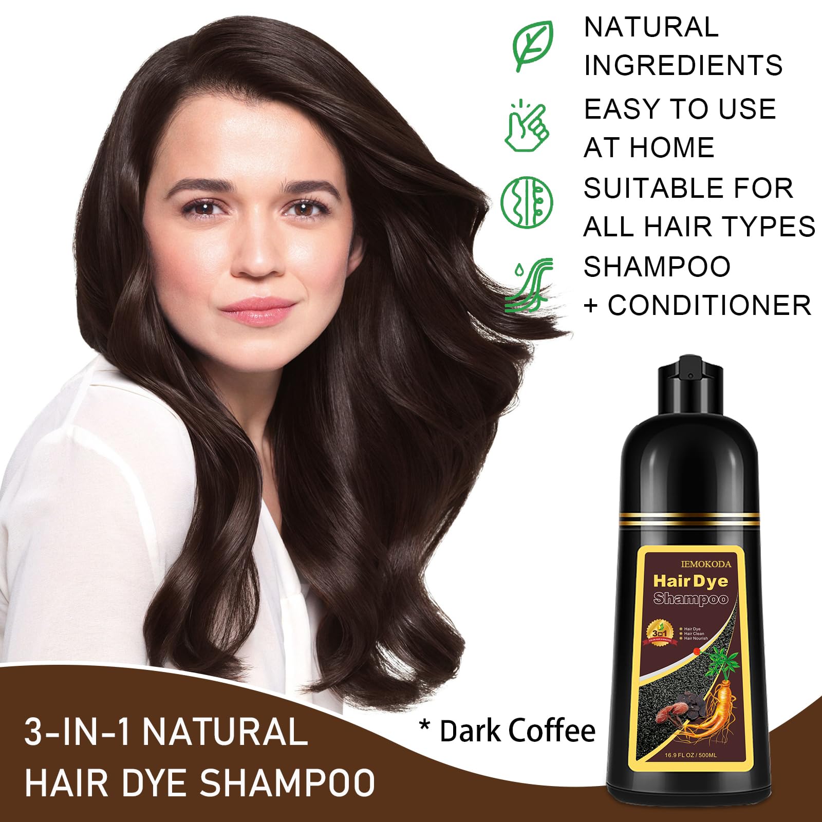 iemokoda dark coffee hair dye shampoo application on dry hair demonstrates quick color.
