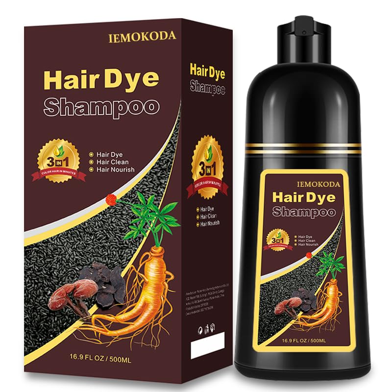 iemokoda Hair Dye Shampoo Coffee bottle pour demonstrates quick gray coverage and easy dye release.