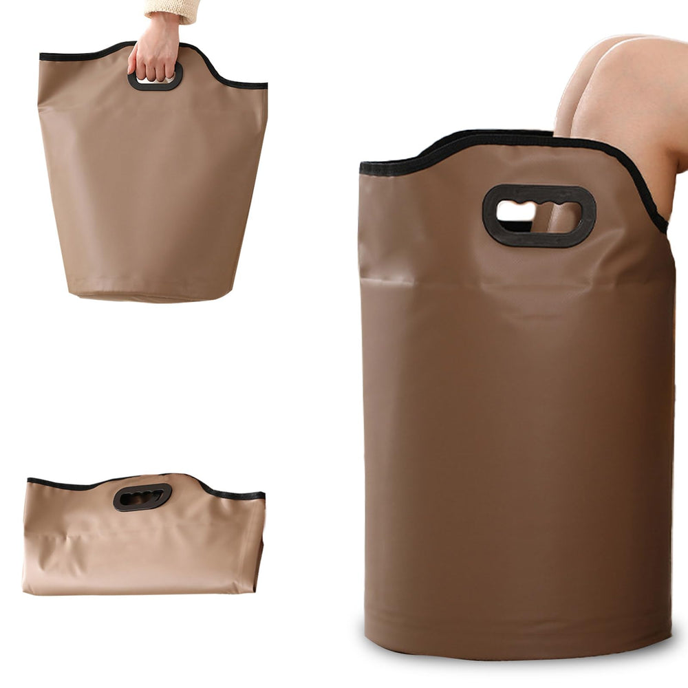 Iensen collapsible foot bath folded compact fits in a backpack, ideal for travel storage.