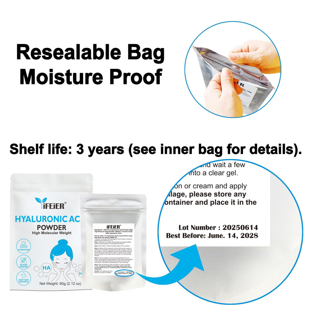 iFEiER Hyaluronic Acid Powder lab-tested quality for reliable skincare.
