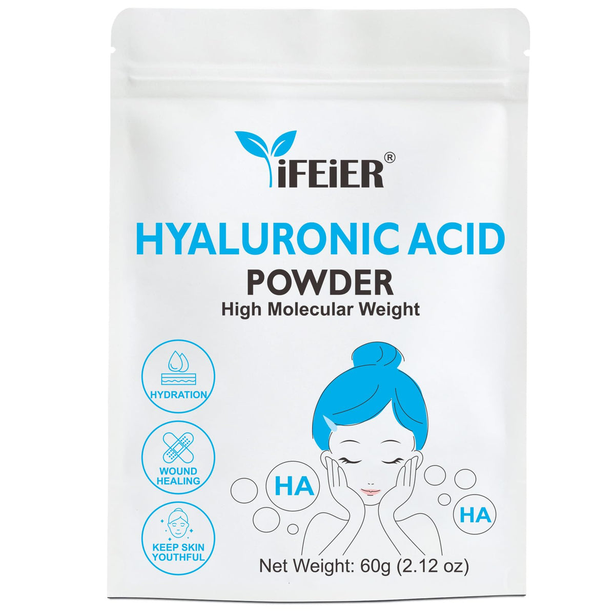 iFEiER Hyaluronic Acid Powder packaging with resealable pouch preserves freshness.
