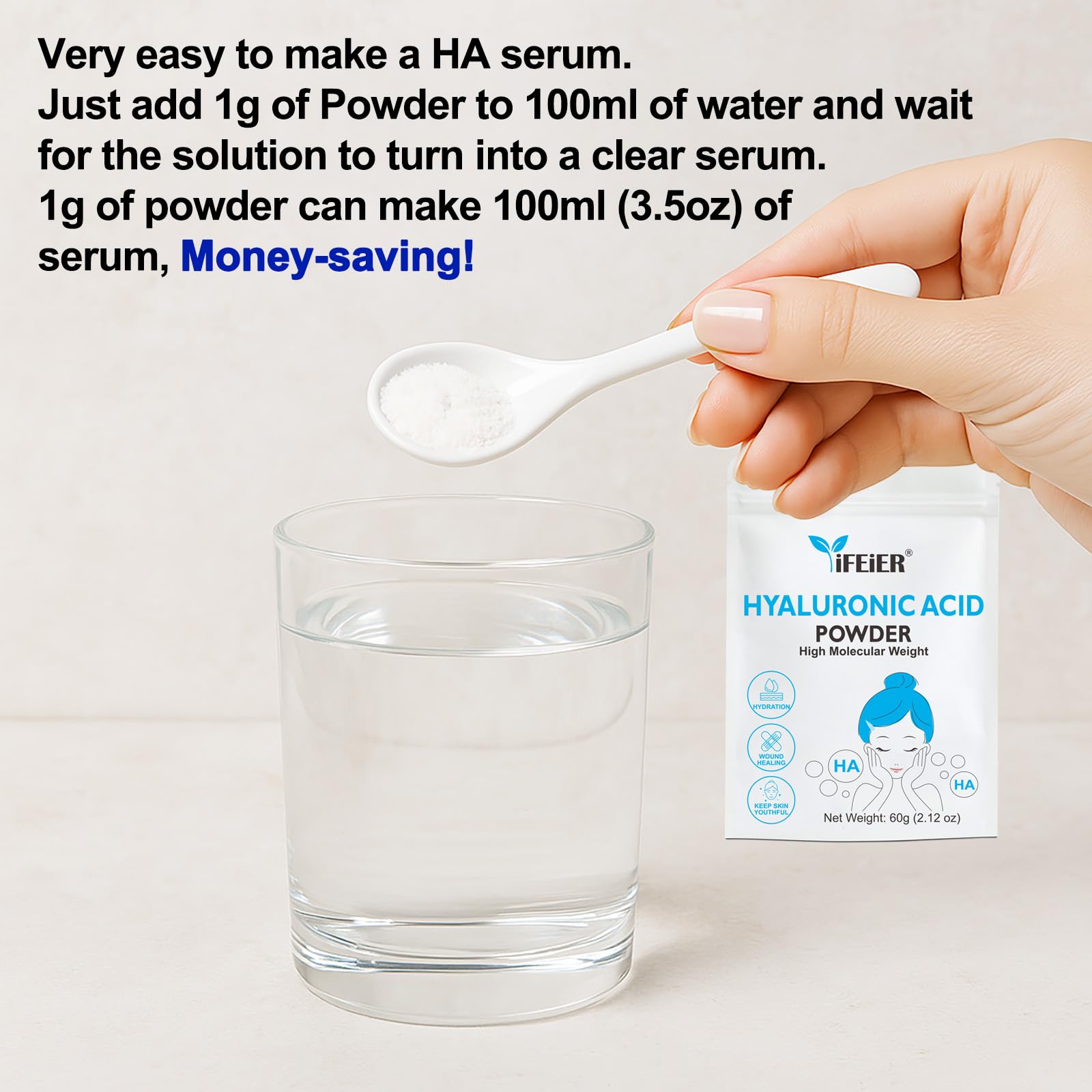 iFEiER Hyaluronic Acid Powder pouring into water for simple serum prep.