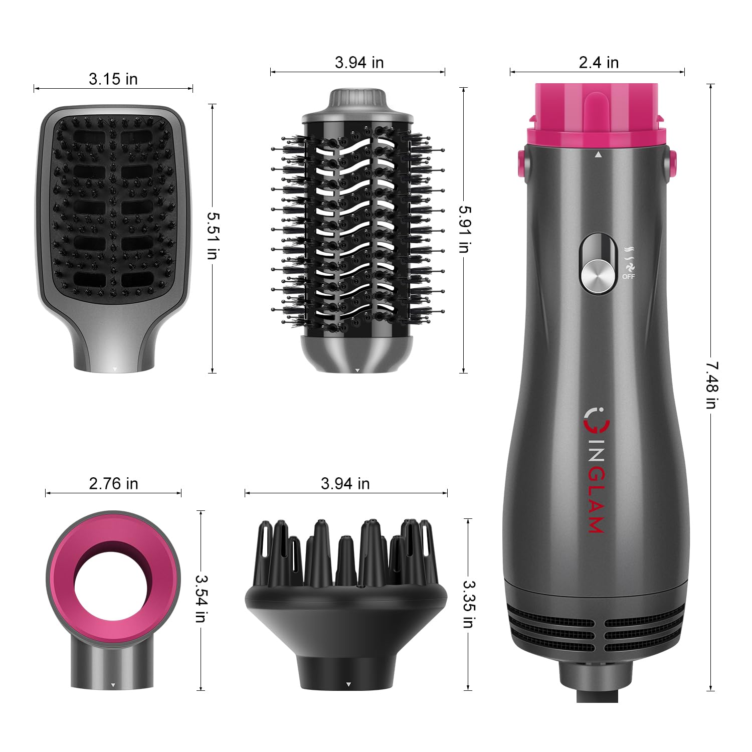 IG INGLAM 4 in 1 hot air brush interchangeable heads enable versatile styling options