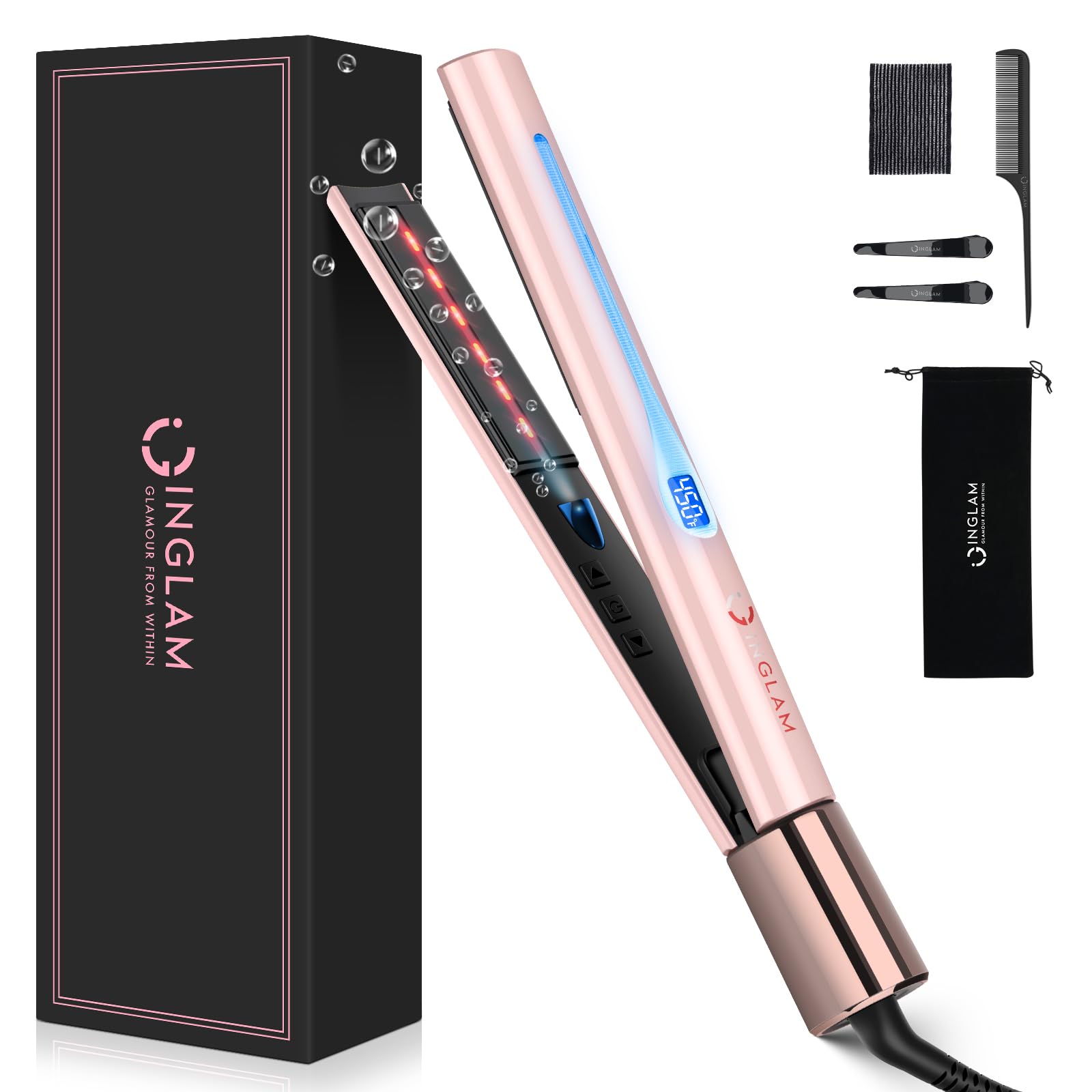 IG INGLAM titanium flat iron front view pink, quick everyday straightening