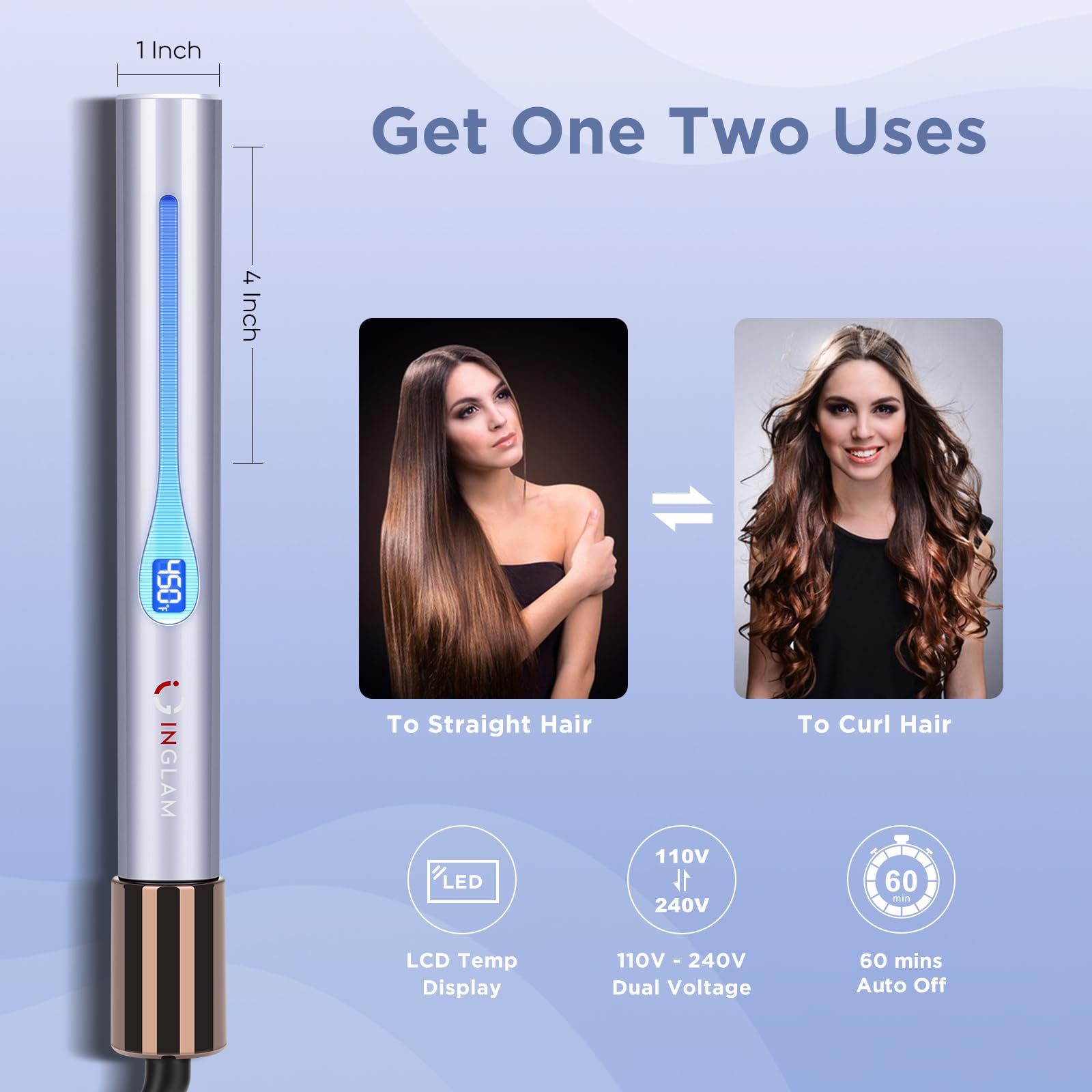 IG INGLAM Titanium Flat Iron dual voltage enables worldwide styling.