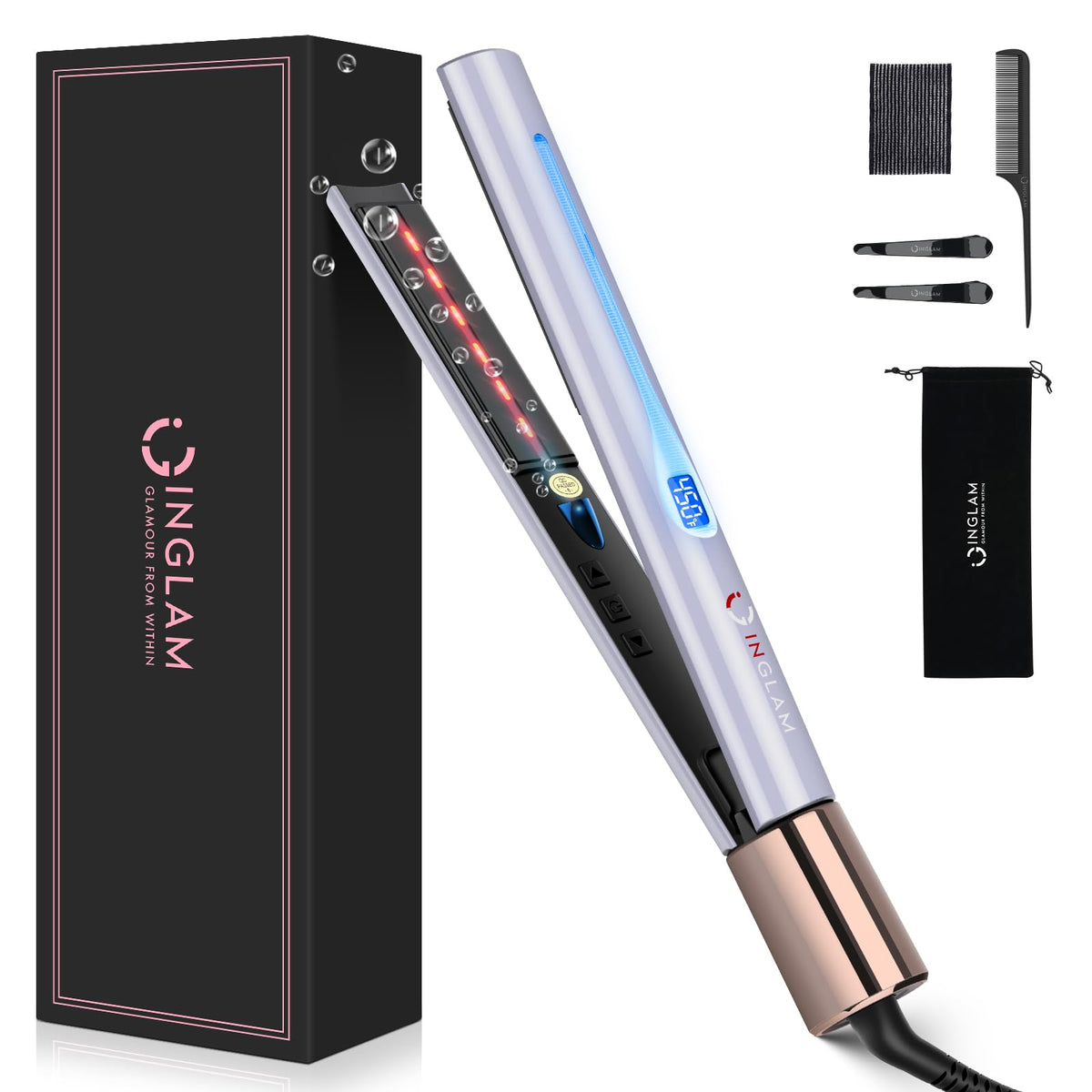 IG INGLAM Titanium Flat Iron front view with fast heat-up for quick styling.