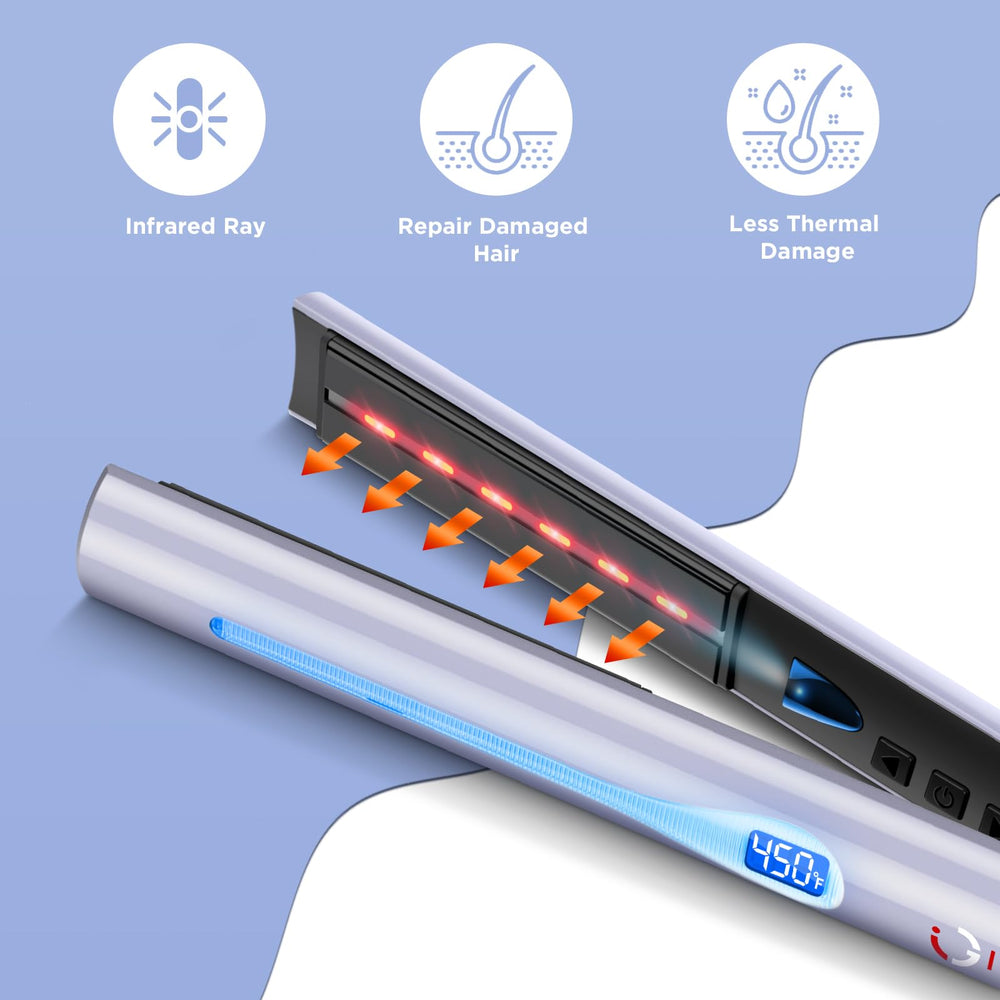 IG INGLAM Titanium Flat Iron panel display shows 11 heat settings for all hair types.