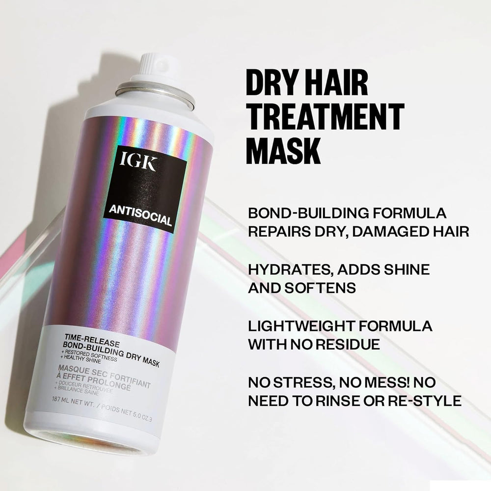 IGK Antisocial leave-in spray bottle demonstrates easy bedtime use
