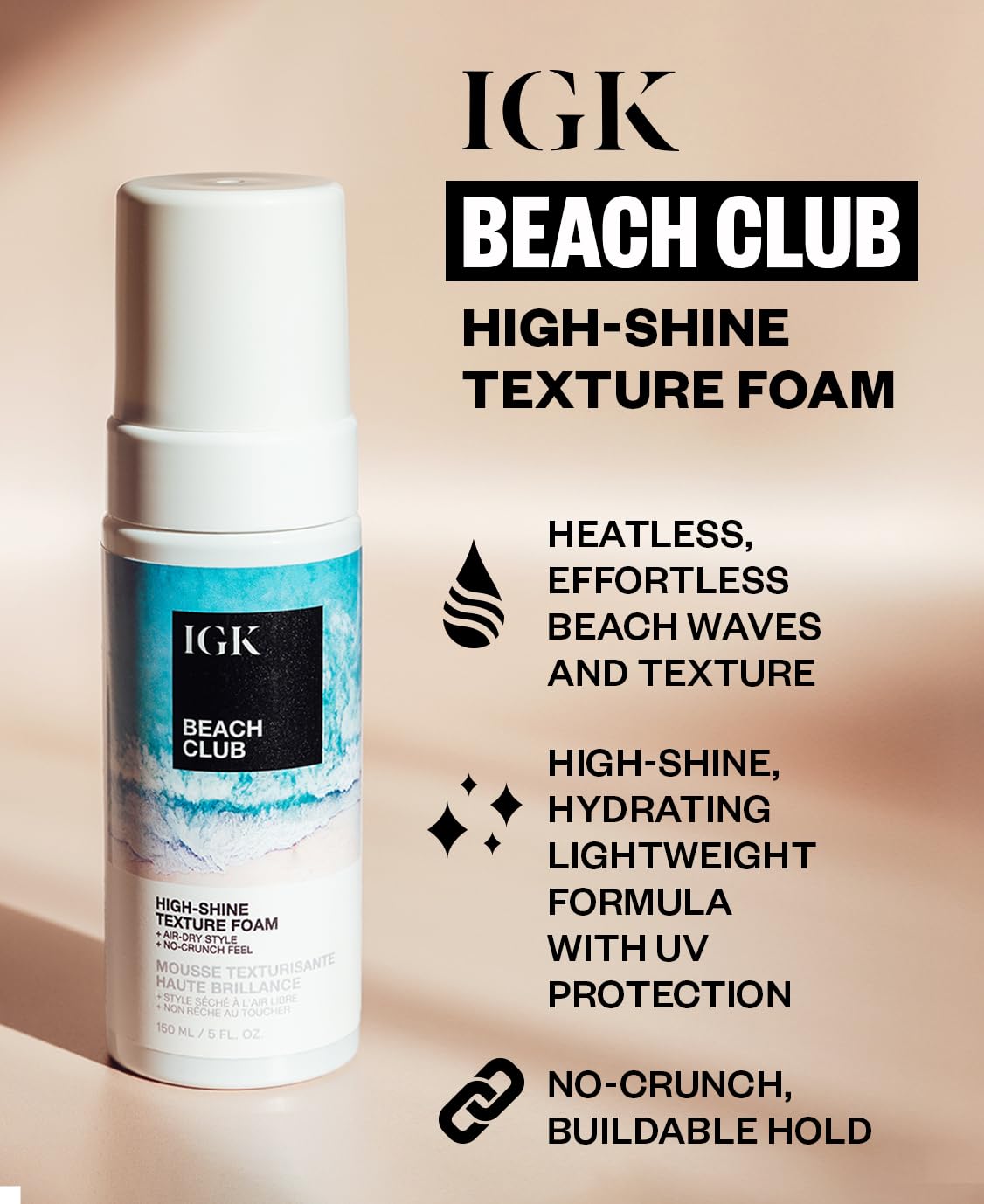 IGK Beach Club Aloe Water ingredient highlights hydration and shine for texture.