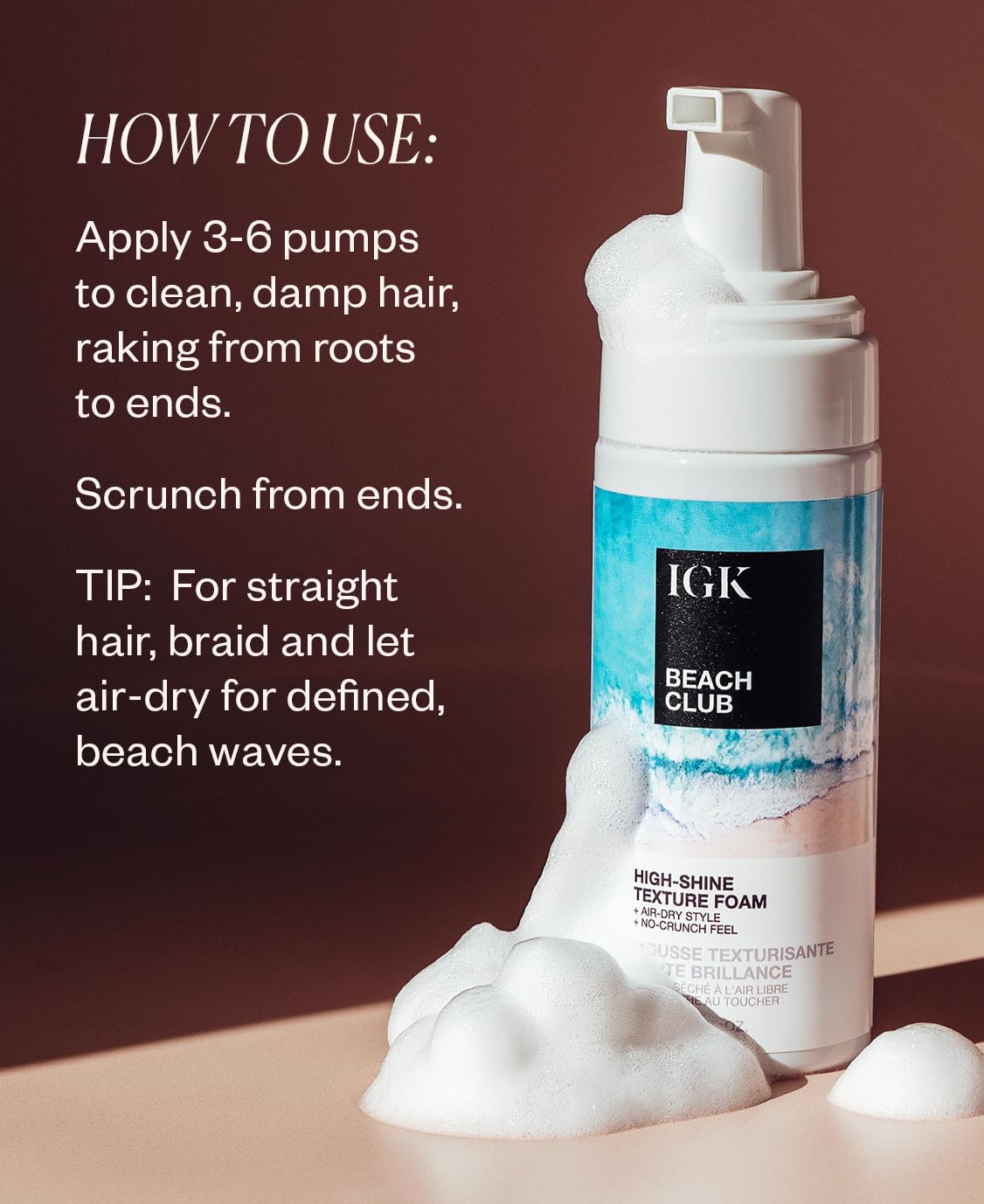 IGK Beach Club texture foam being dispensed for easy, spray-free application.