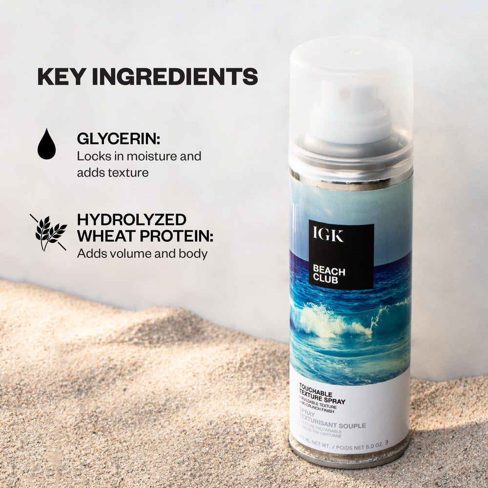 IGK Beach Club texture spray applying to hair for air-dried definition and smooth waves