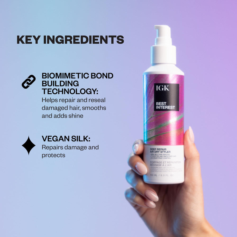 IGK Best Interest Bond-Building Air Dry Cream texture closeup shows silky, shiny strands