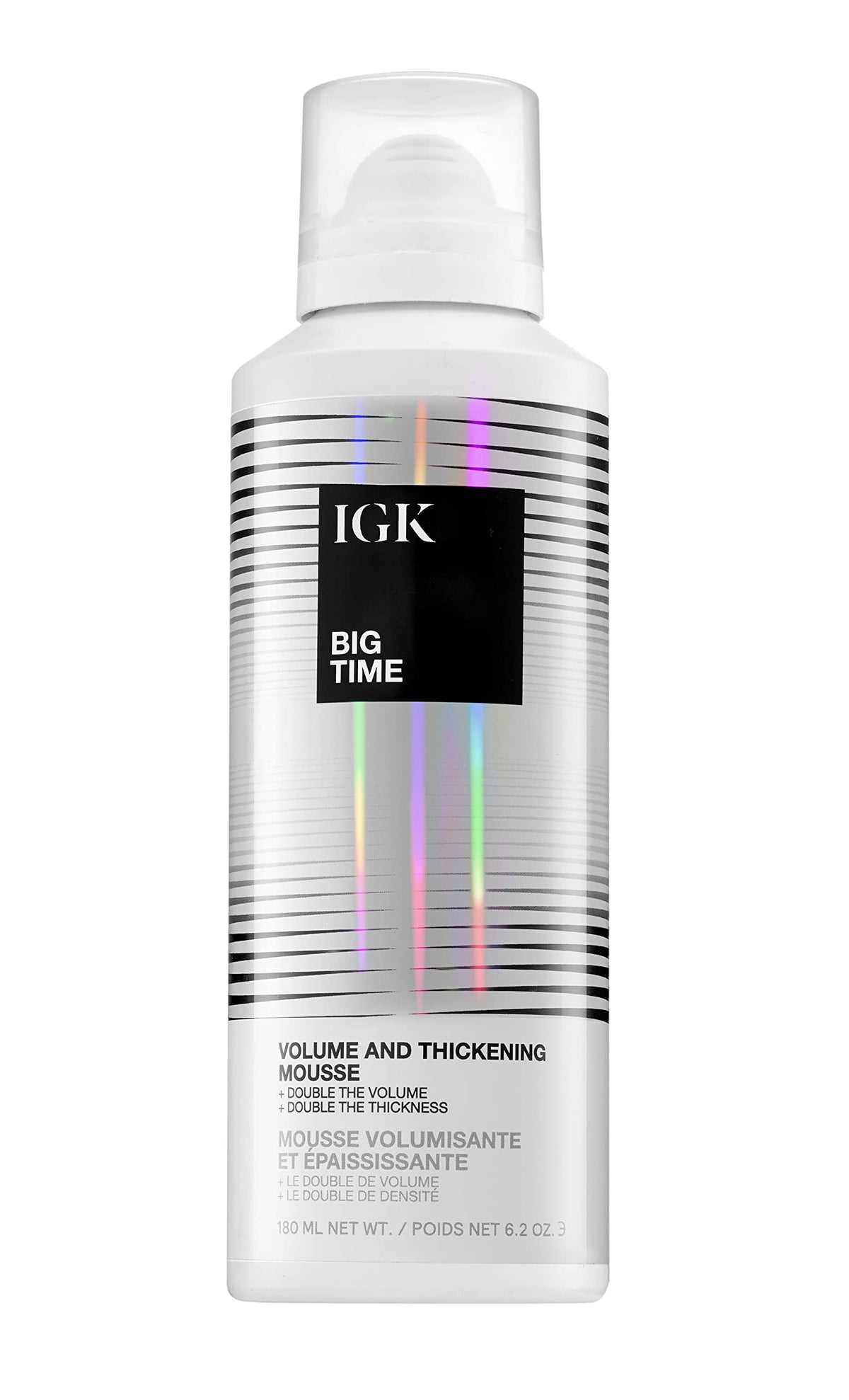 IGK BIG TIME Volume Mousse bottle showing weightless body for fuller hair.