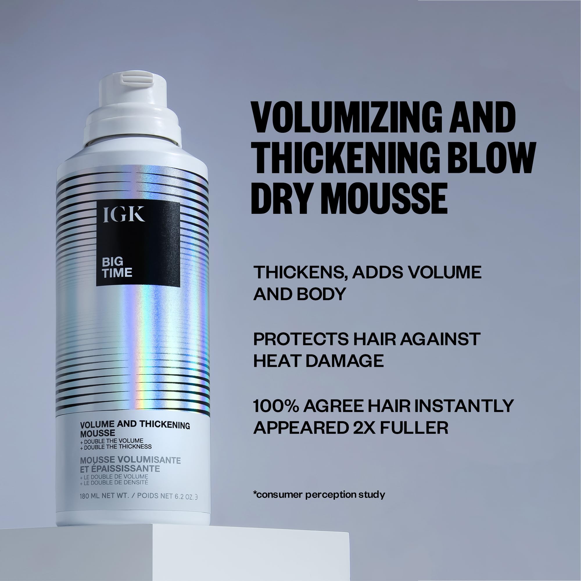 IGK BIG TIME Volume Mousse foam dispense highlights airy texture and easy application.