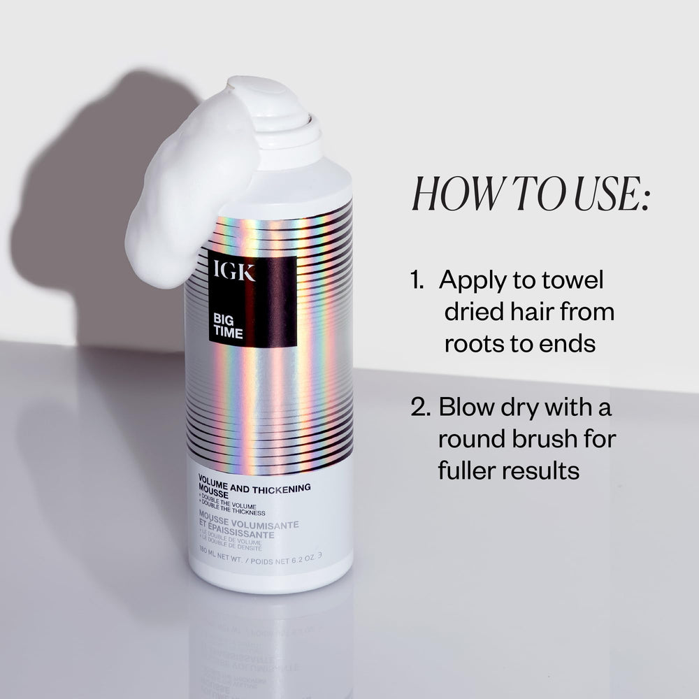 IGK BIG TIME Volume Mousse model hair demonstrates volumized, moveable fullness.