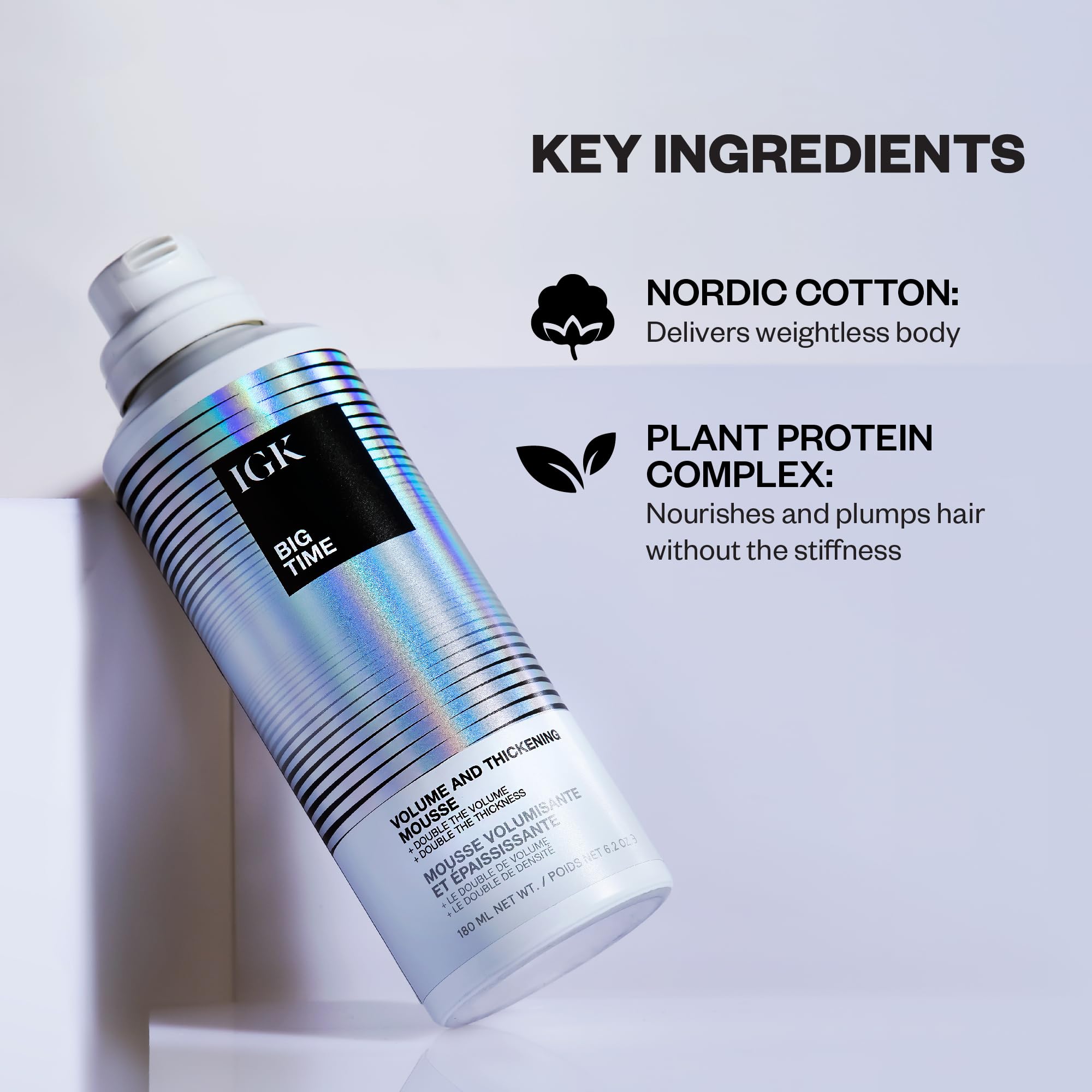 IGK BIG TIME Volume Mousse packaging closeup emphasizes clean vegan formula.