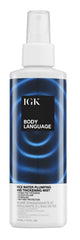IGK Body Language Rice Water Mist bottle shows detangling and heat protection benefits.