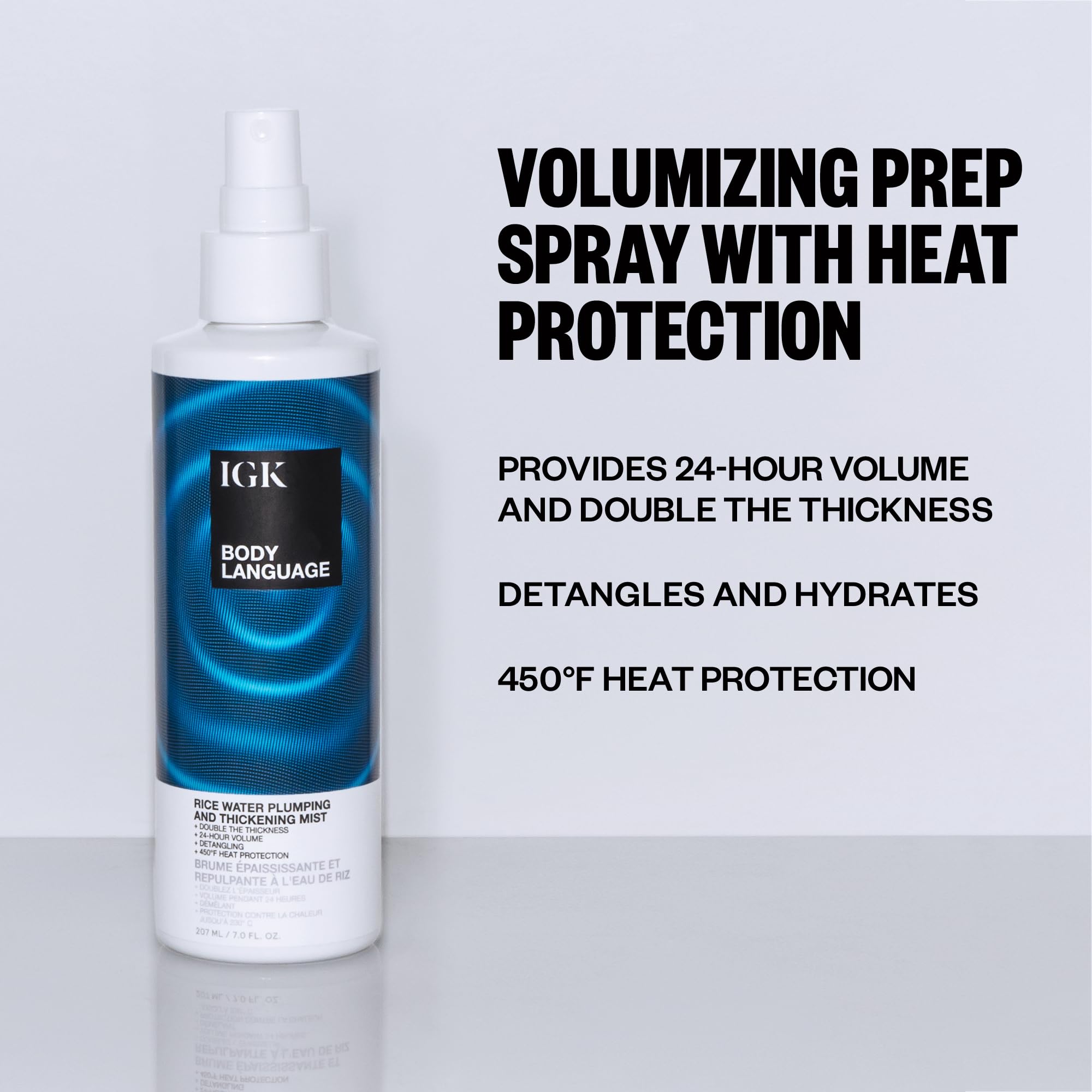 IGK Body Language Rice Water Mist dispenser demonstrates quick detangling prep.