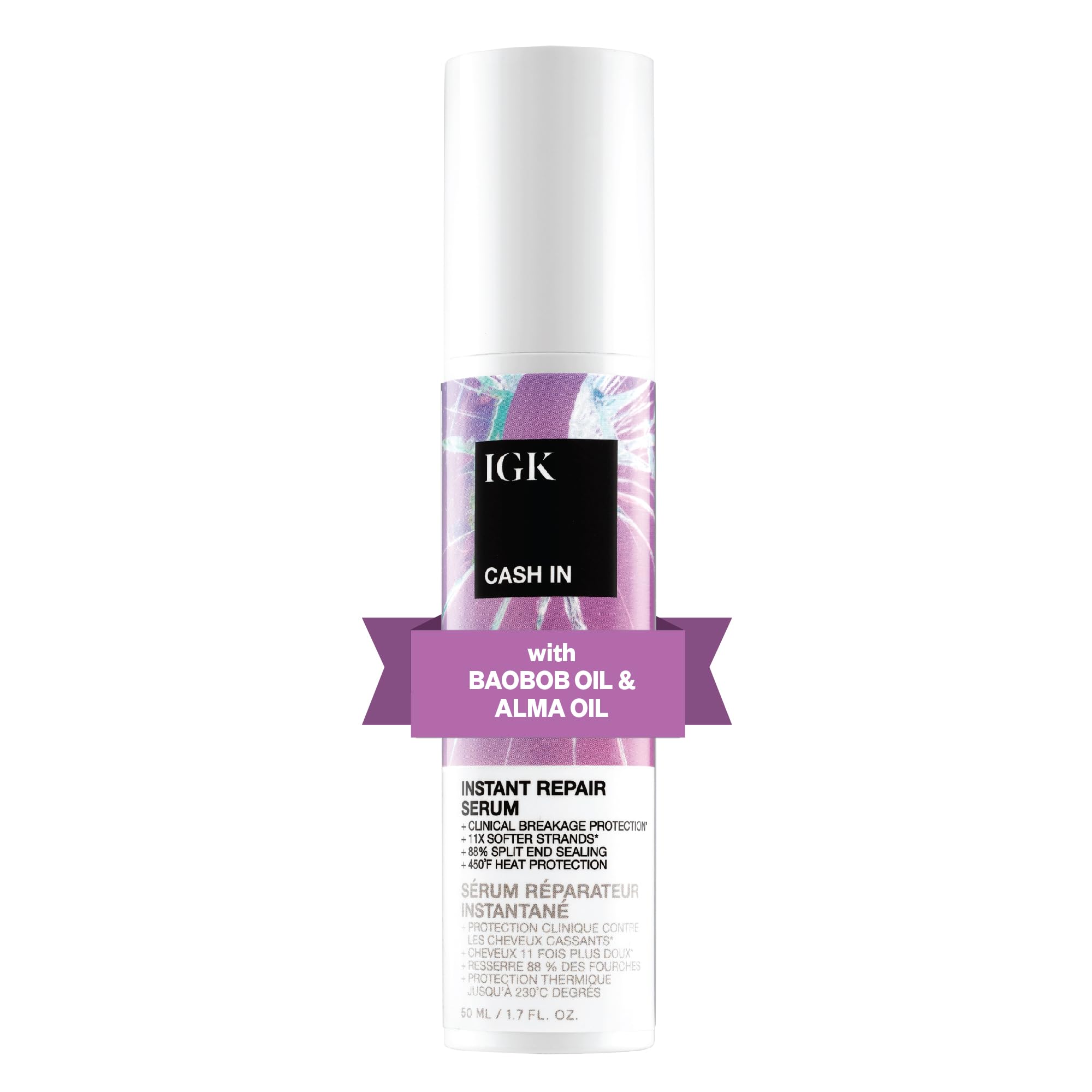 IGK CASH IN serum bottle highlights silicone-free formula for healthier hair.