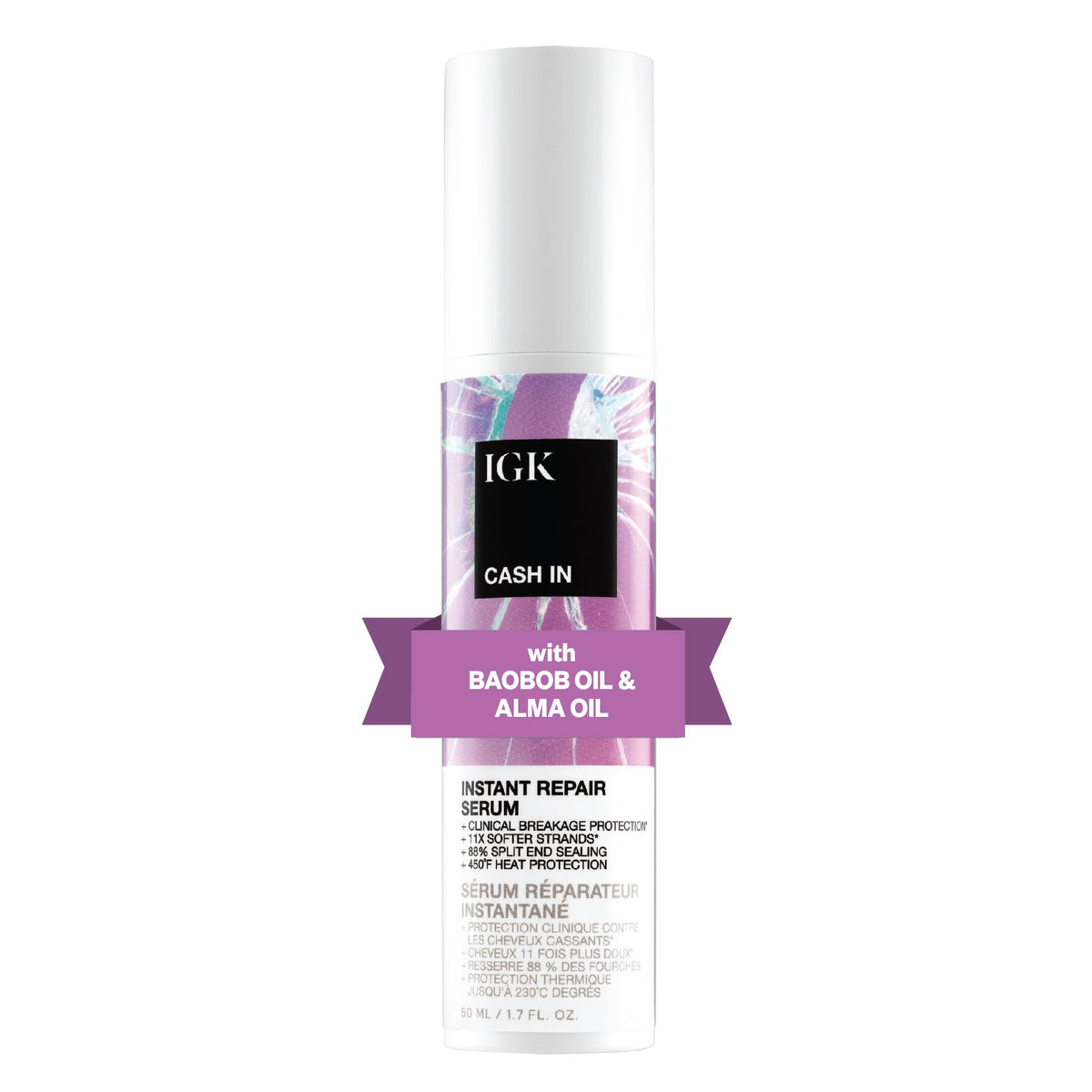 IGK CASH IN serum bottle highlights silicone-free formula for healthier hair.
