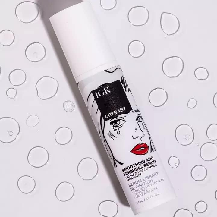 Front view of IGK Crybaby bottle highlighting vegan, cruelty-free smoothing formula.