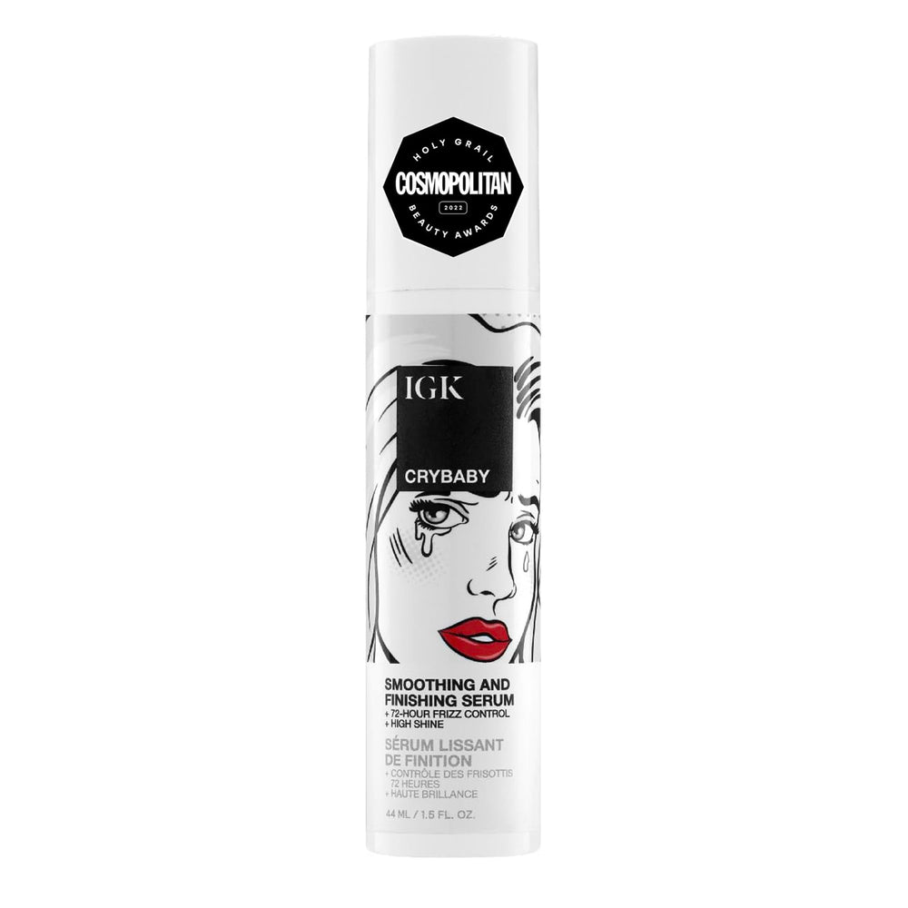 IGK Crybaby serum bottle cap demonstrates weightless smoothing for frizz control.