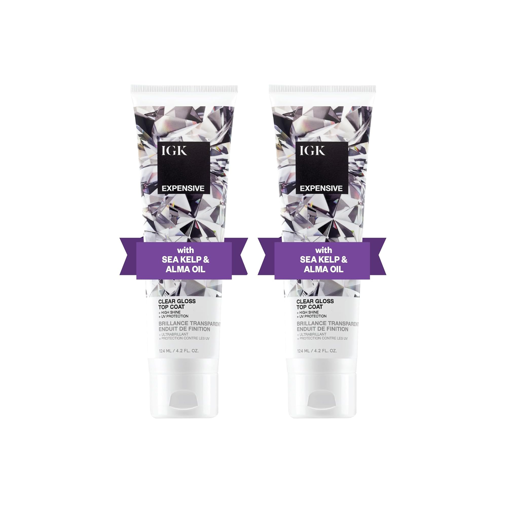 IGK Expensive Clear Gloss Top Coat bottle highlights high shine for color protection