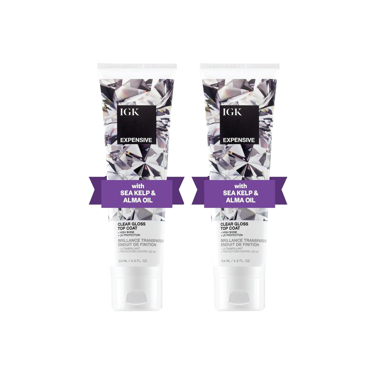 IGK Expensive Clear Gloss Top Coat bottle highlights high shine for color protection