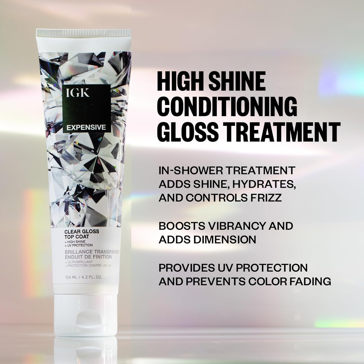IGK Expensive Clear Gloss Top Coat dispense-closeup shows smooth texture for quick use