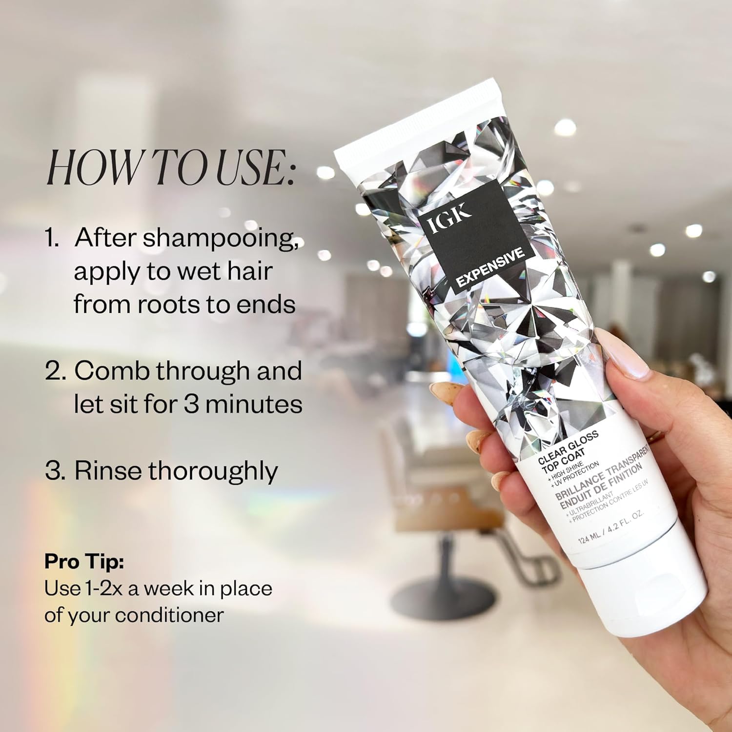 IGK Expensive Clear Gloss Top Coat wet-hair after shower demonstrates hydration
