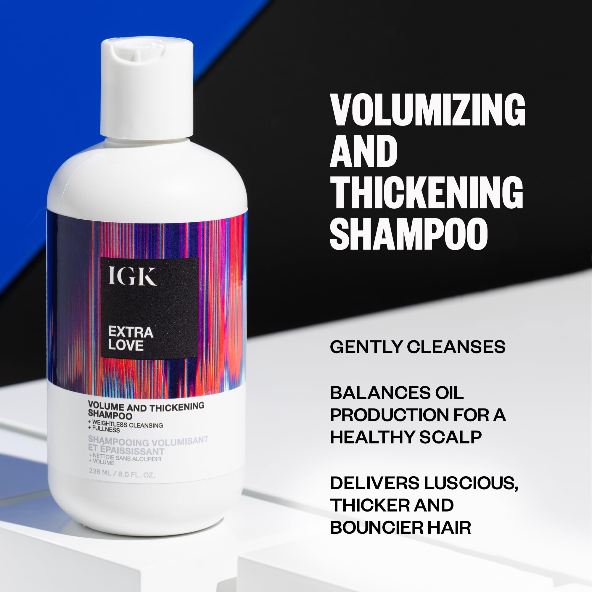 IGK Extra Love bottle pour emphasizes lightweight cleansing for oily-prone scalps