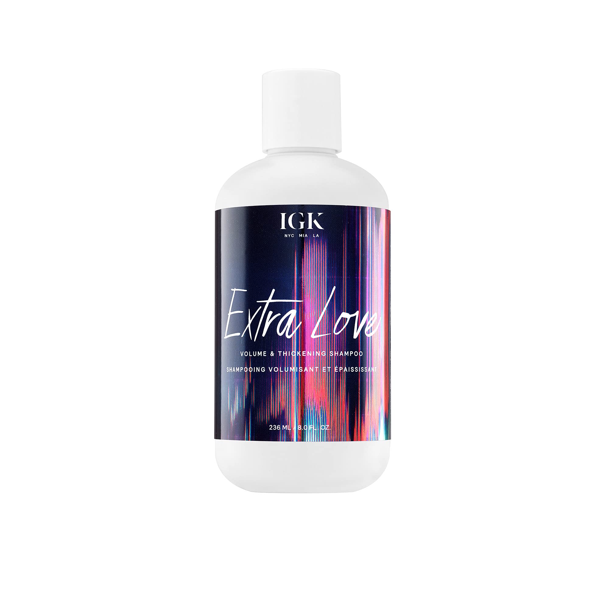 IGK Extra Love shampoo bottle front highlighting volumizing formula for fine hair
