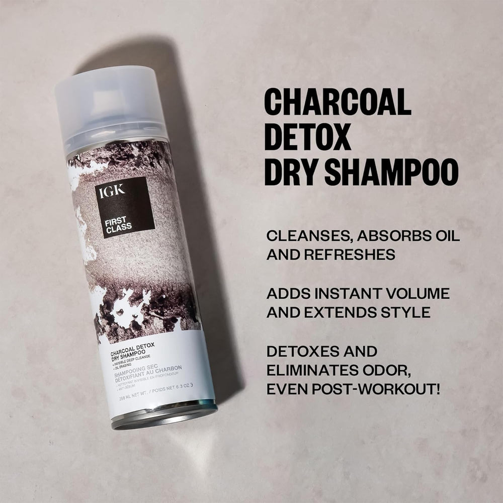 IGK FIRST CLASS Charcoal Detox Dry Shampoo application on hair demonstrates refreshed roots