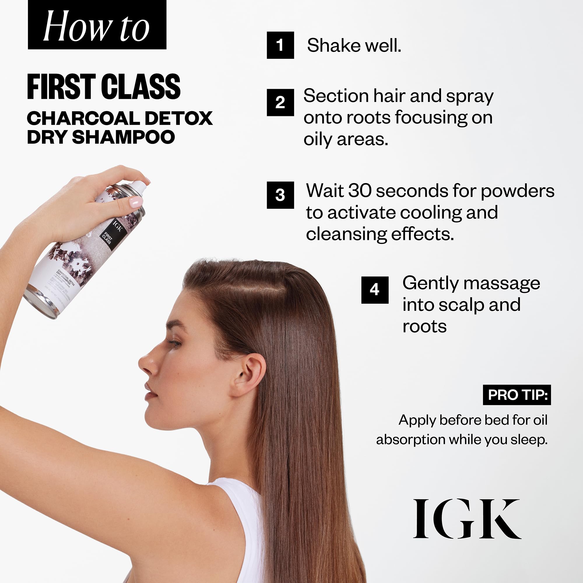 IGK FIRST CLASS Charcoal Detox Dry Shampoo applying-roots shows targeted refreshing at the scalp.