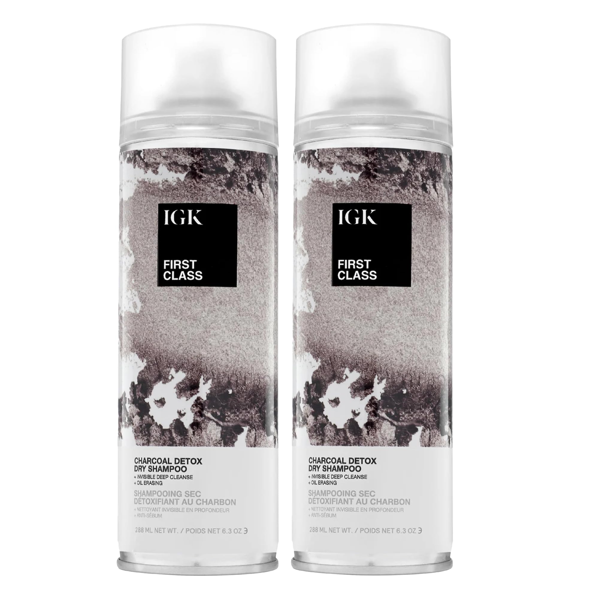 IGK FIRST CLASS Charcoal Detox Dry Shampoo bottle front boosts freshness without water