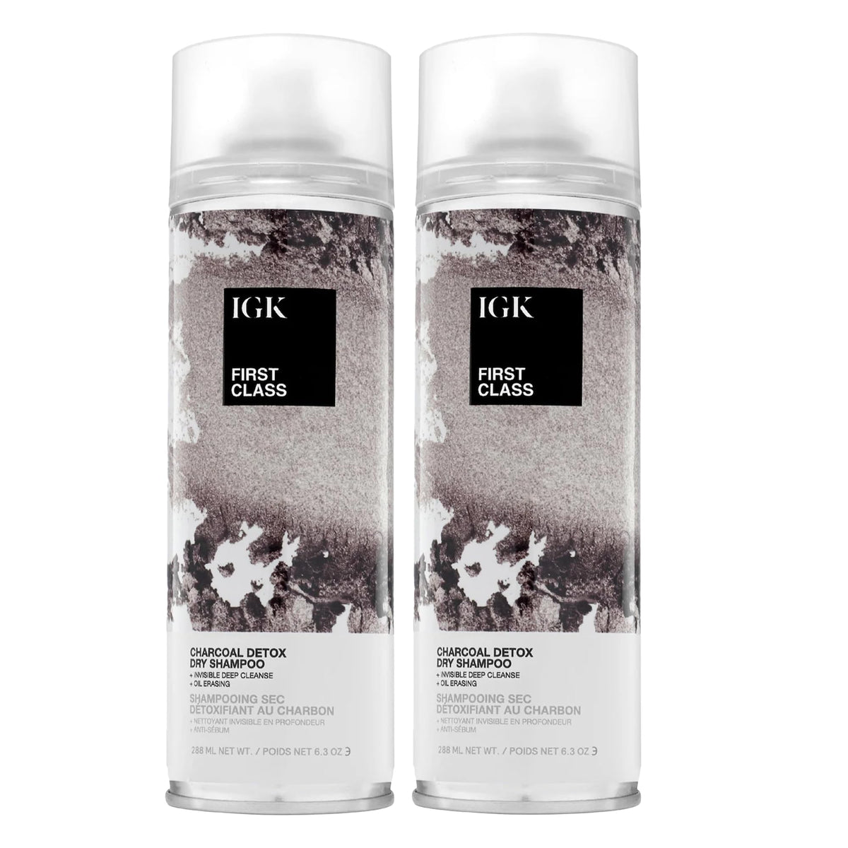 IGK FIRST CLASS Charcoal Detox Dry Shampoo bottle front boosts freshness without water