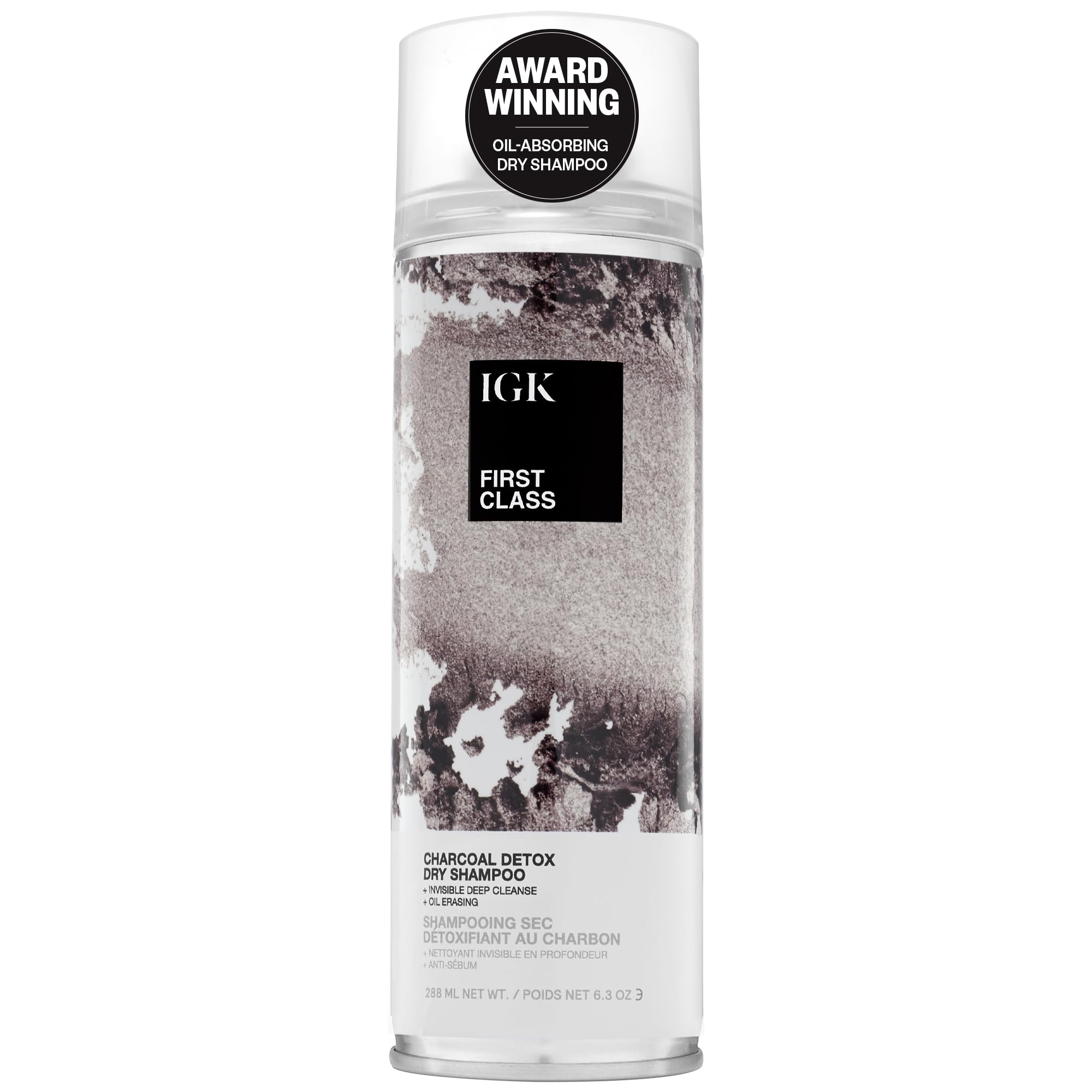 IGK FIRST CLASS Charcoal Detox Dry Shampoo bottle demonstrates powerful oil absorption for fresh roots.