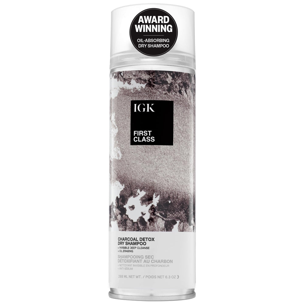 IGK FIRST CLASS Charcoal Detox Dry Shampoo bottle demonstrates powerful oil absorption for fresh roots.