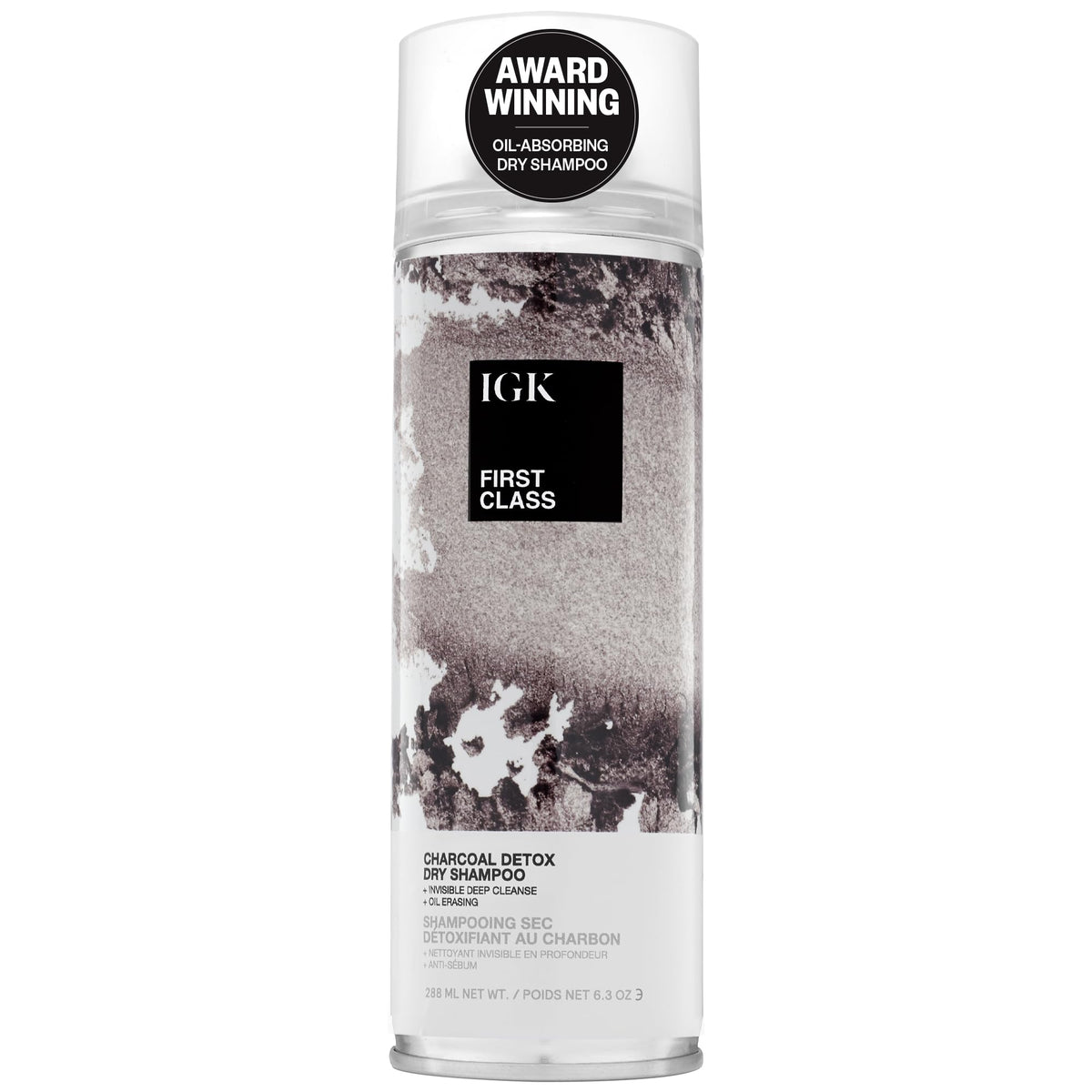 IGK FIRST CLASS Charcoal Detox Dry Shampoo bottle demonstrates powerful oil absorption for fresh roots.