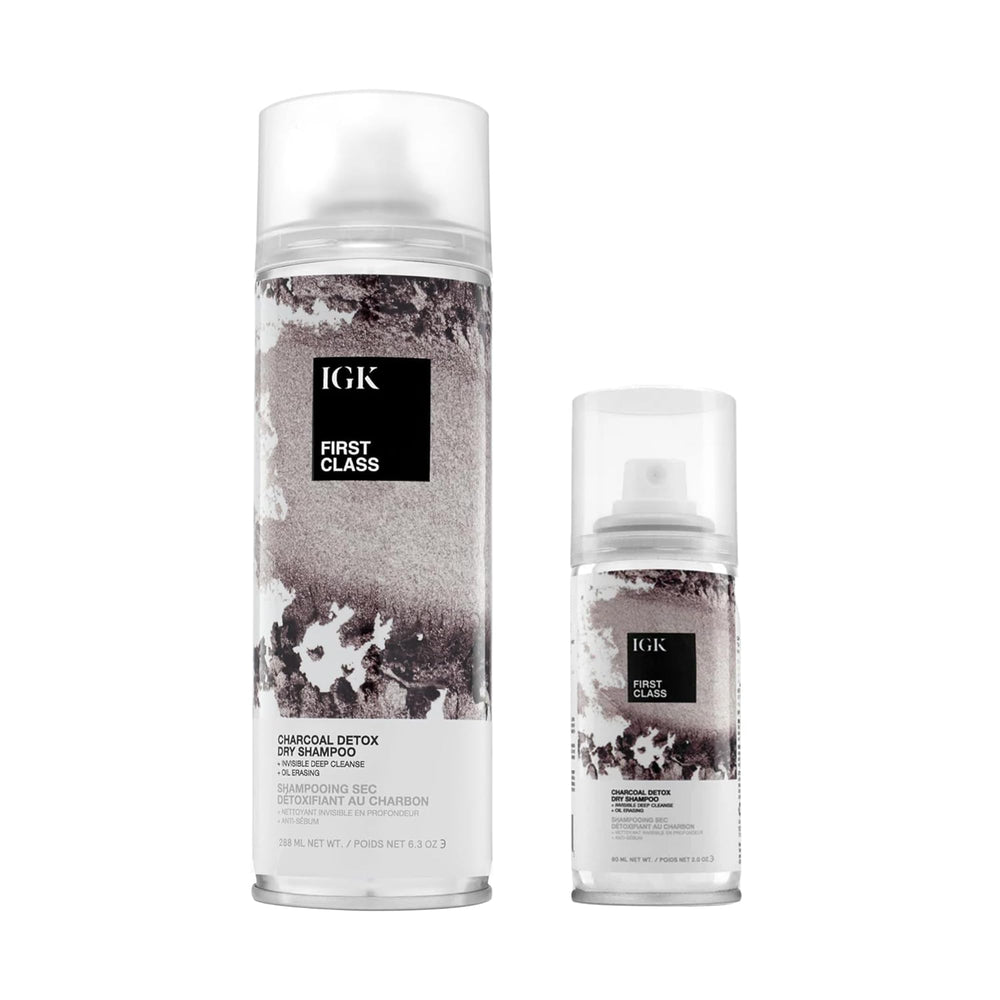 IGK FIRST CLASS Charcoal Detox Dry Shampoo bottle close-up boosts oil absorption for refreshed hair