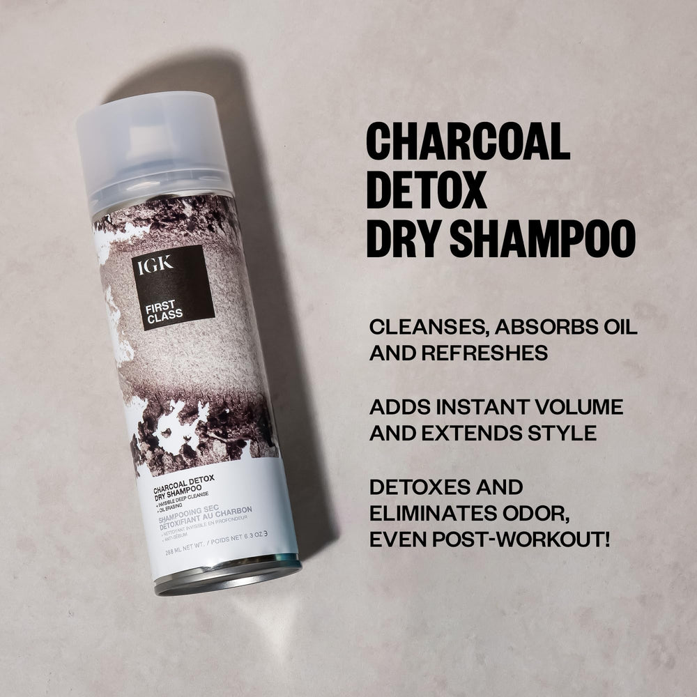 IGK FIRST CLASS Charcoal Detox Dry Shampoo packaging close-up emphasizes premium formula.