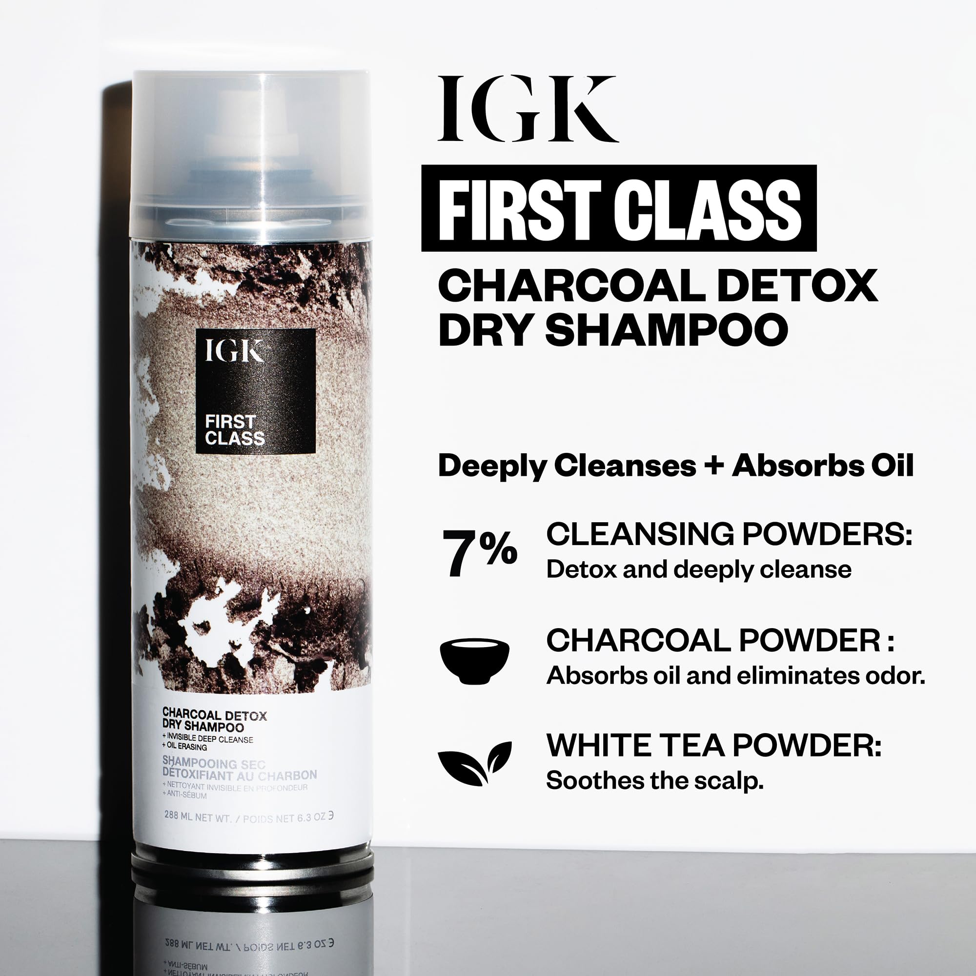 IGK FIRST CLASS Charcoal Detox Dry Shampoo spray-action shows quick, even application.