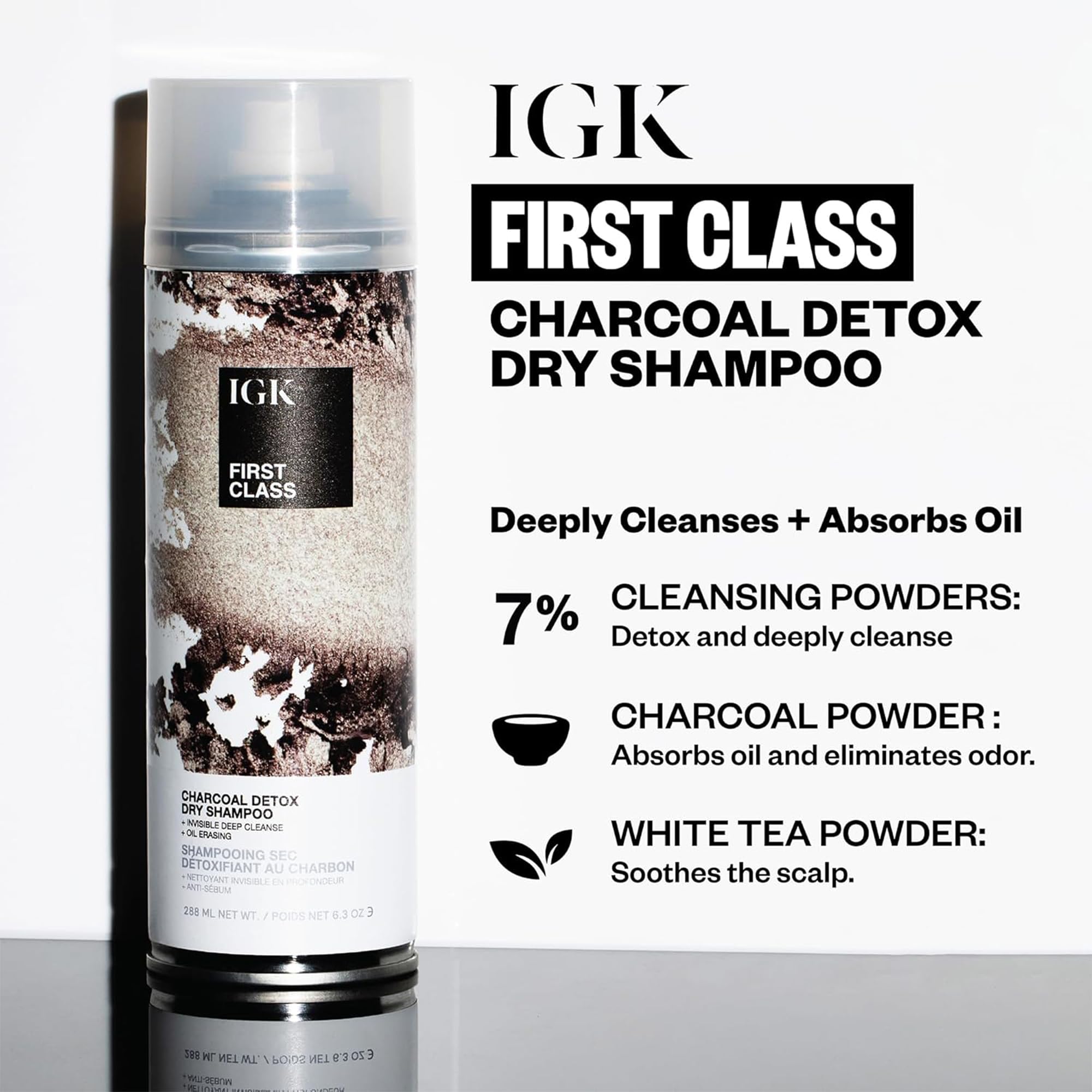 IGK FIRST CLASS Charcoal Detox Dry Shampoo texture closeup shows powdery detox action