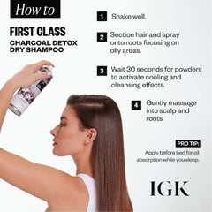 IGK First Class Detox Dry Shampoo charcoal powder close-up demonstrates detoxing effects on scalp.