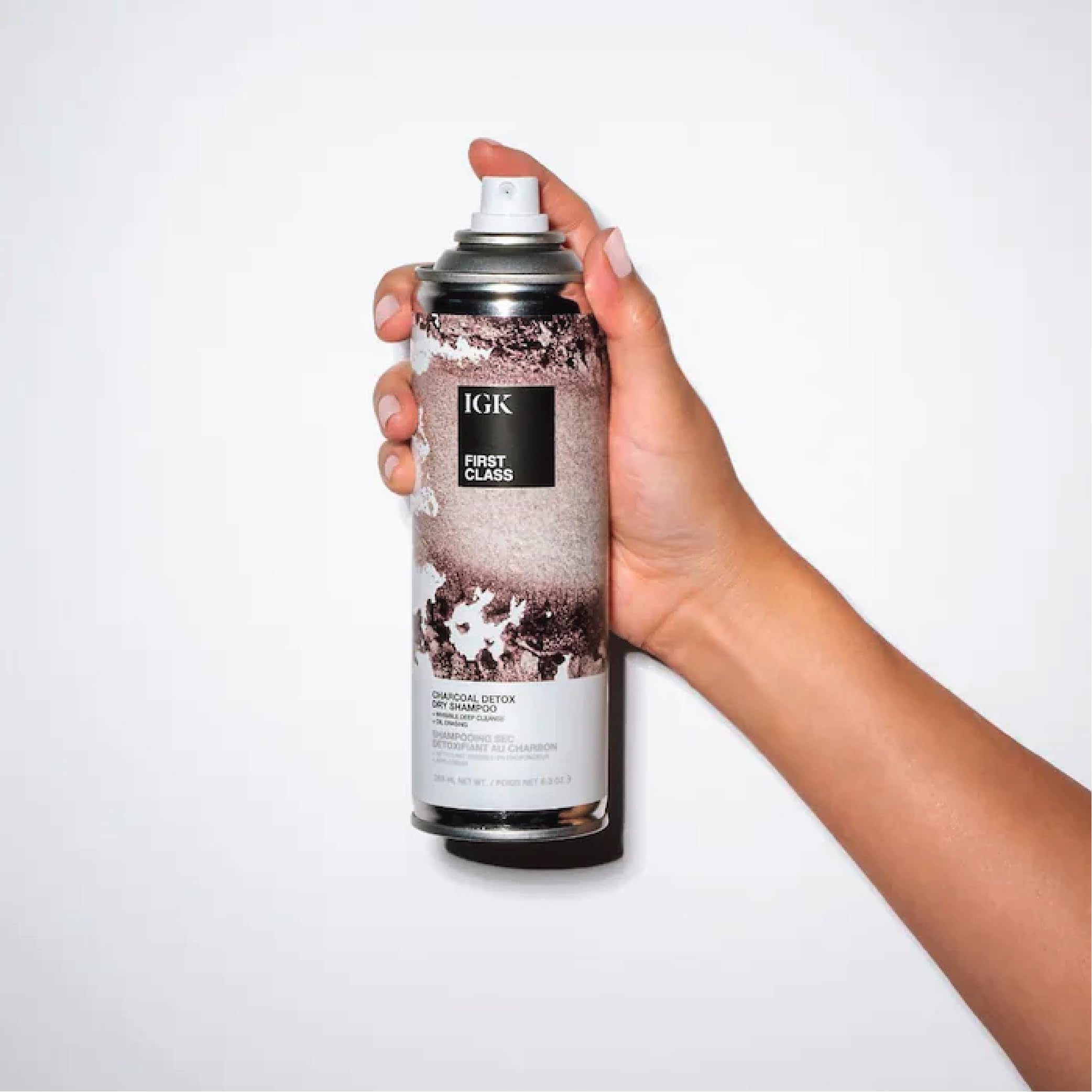 IGK First Class Detox Dry Shampoo packaging back view highlighting travel-friendly size.
